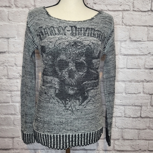 Harley-Davidson Sweater Black White Skull Distressed Print Scoop Neckline Size S - Picture 3 of 8